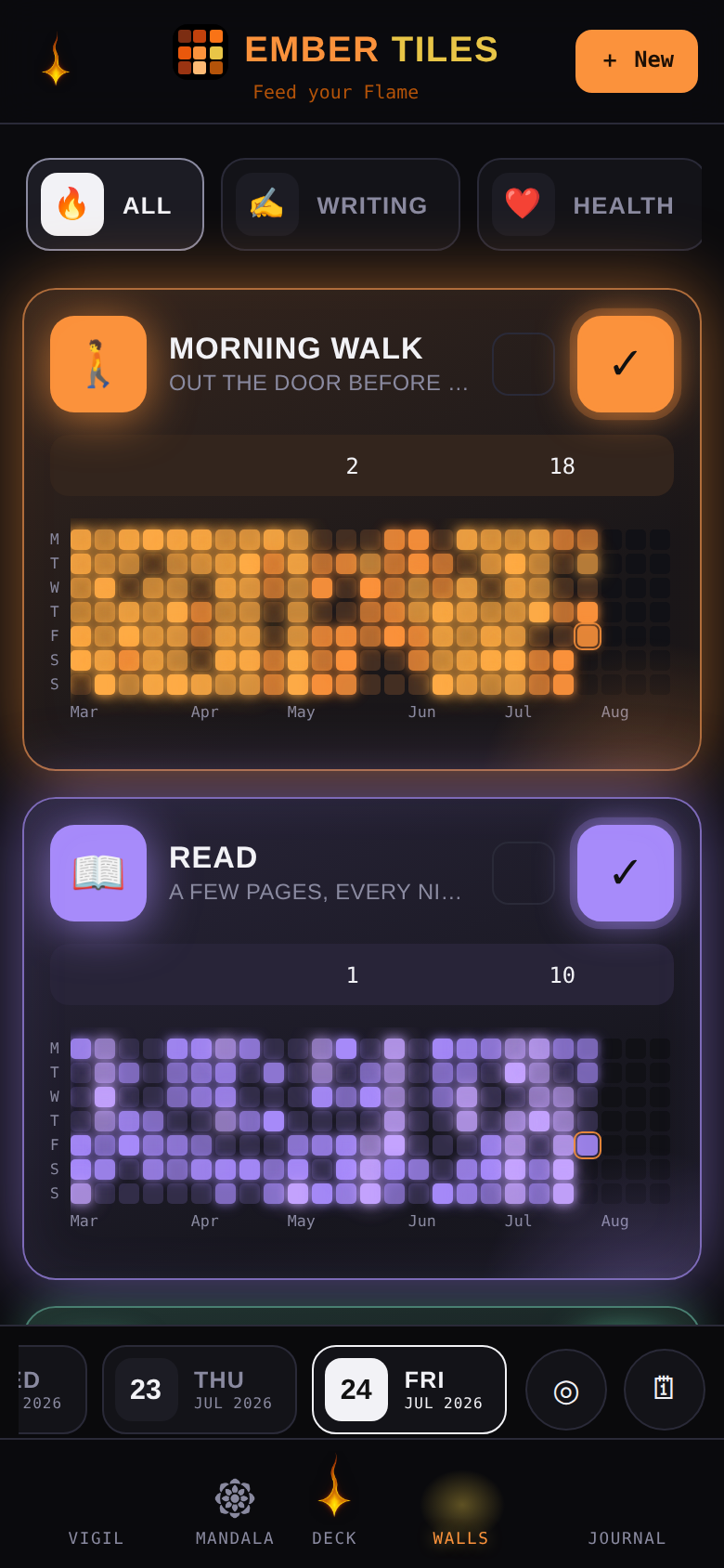 Walls of glowing tiles — a Morning Walk wall burning bright across the year, with Read below it
